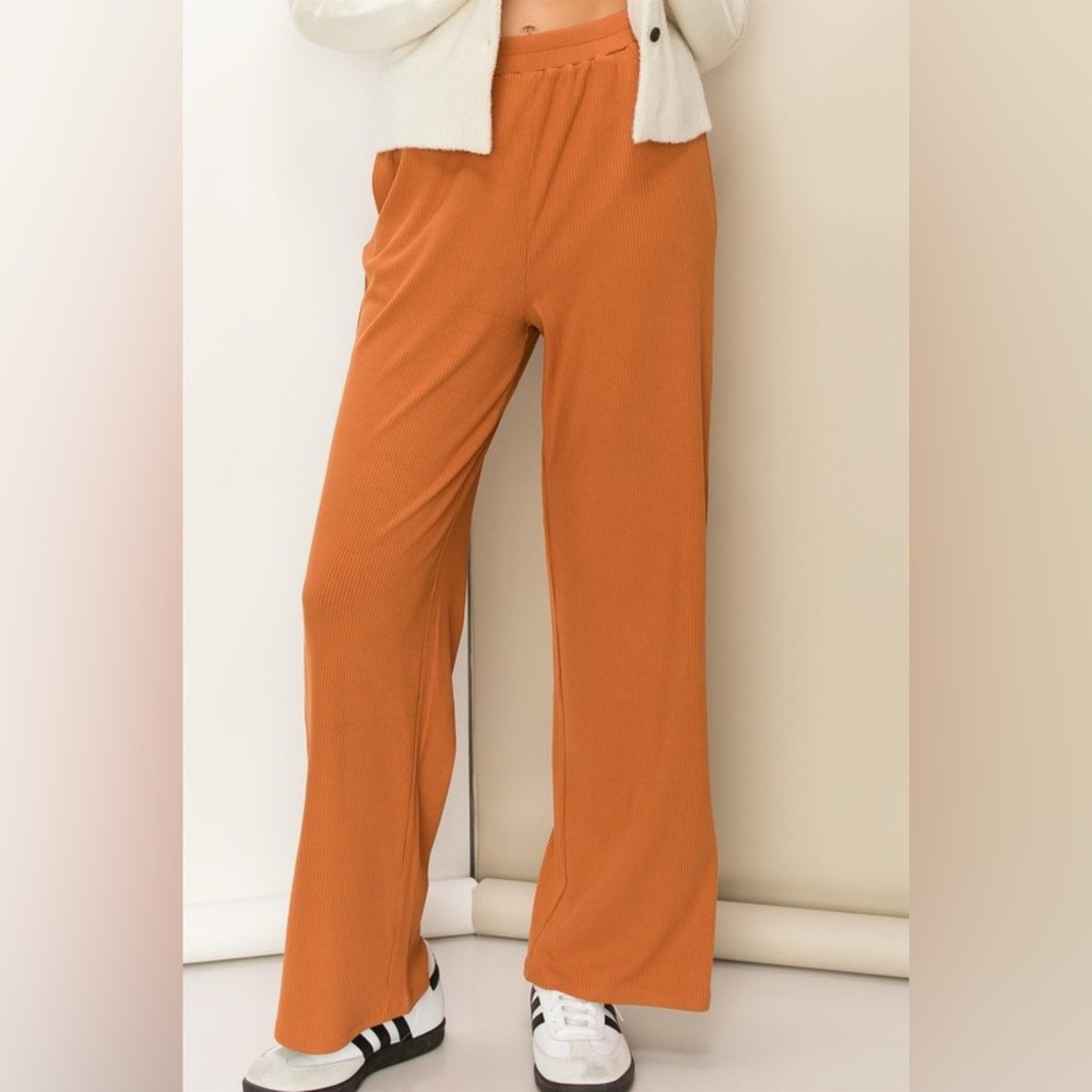 226B-RUST Ribbed Slit Side Wide Let Pants - Picture 3 of 5